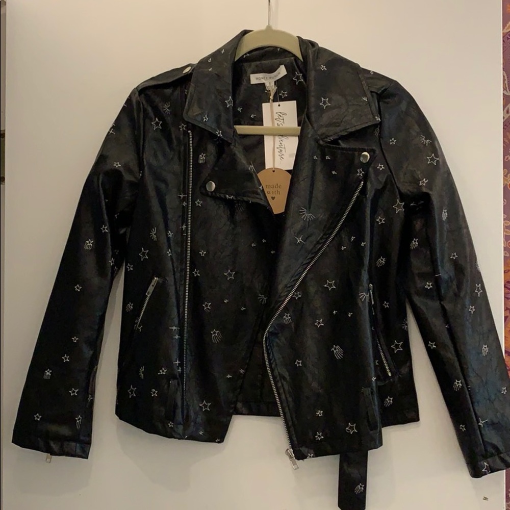 Vegan Leather Embroidered Moto Jacket